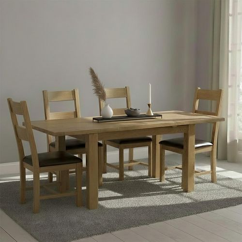 Original Extending Dining Set - 4-8 Seater - 131cm-198cm - Rustic Oak - 4 Ladder Back Chair with Dark Brown Faux Leather Seat Pad