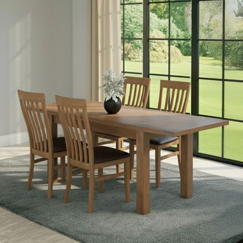 Original Extending Dining Set - 4-8 Seater - 131cm-198cm - Rustic Oak - 4 Toulouse Slatted Chair with Dark Brown Faux Leather Seat Pad