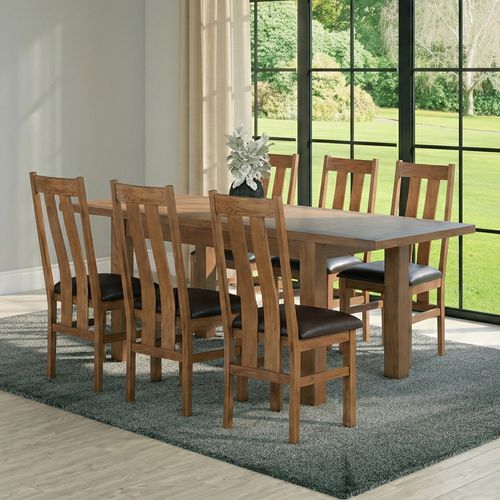 Original Extending Dining Set - 6-8 Seater - 180cm-250cm - Rustic Oak - 6 Arizona Slatted Chair with Dark Brown Faux Leather Seat Pad