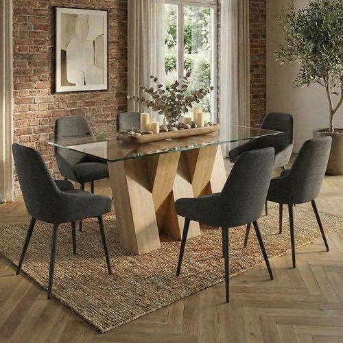 Newton Dining Set - 6 Seater - 180cm - Clear Glass and Natural - 6 Claflin Dark Grey Fabric Chair