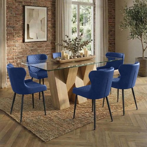 Newton Dining Set - 6 Seater - 180cm - Clear Glass and Natural - 6 Langley Blue Fabric Chair