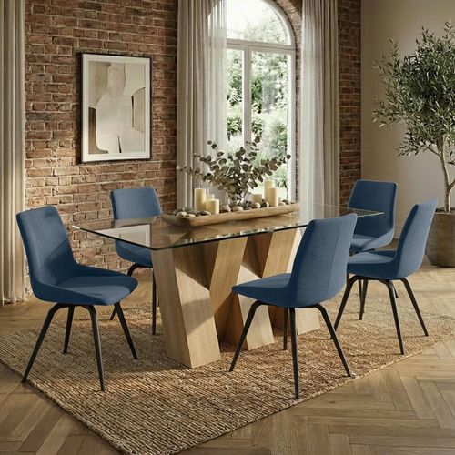 Newton Dining Set - 6 Seater - 180cm - Clear Glass and Natural - 6 Malcom Blue Fabric Swivel Chair