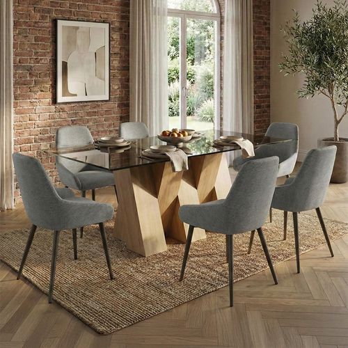 Newton Dining Set - 6 Seater - 180cm - Smoked Glass and Natural - 6 Claflin Grey Fabric Chair