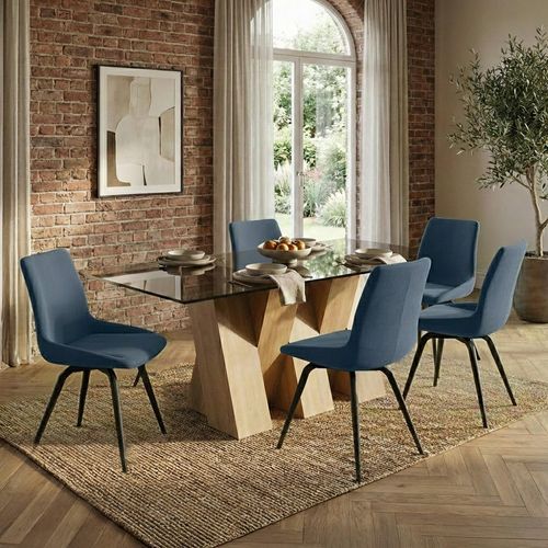 Newton Dining Set - 6 Seater - 180cm - Smoked Glass and Natural - 6 Malcom Blue Fabric Swivel Chair