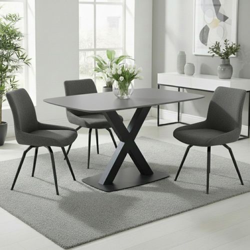 Vernal Dining Set - 4 Seater - 130cm - Grey Sintered Stone - 4 Malcom Dark Grey Fabric Swivel Chair