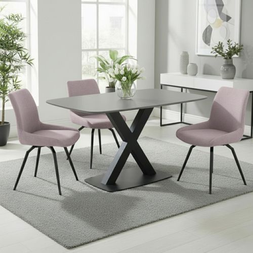 Vernal Dining Set - 4 Seater - 130cm - Grey Sintered Stone - 4 Malcom Pink Fabric Swivel Chair