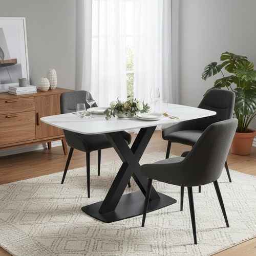 Vernal Dining Set - 4 Seater - 130cm - White Sintered Stone - 4 Claflin Dark Grey Fabric Chair