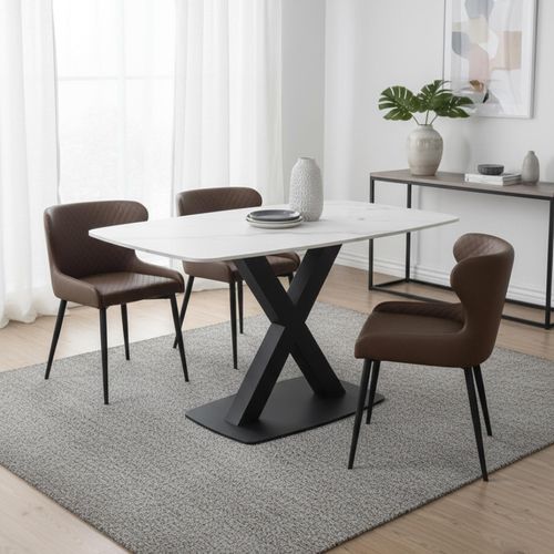 Vernal Dining Set - 4 Seater - 130cm - White Sintered Stone - 4 Langley Brown Faux Leather Chair