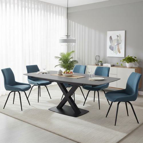 Vernal Extending Dining Set - 6-8 Seater - 160cm-240cm - Grey Sintered Stone - 6 Malcom Blue Fabric Swivel Chair