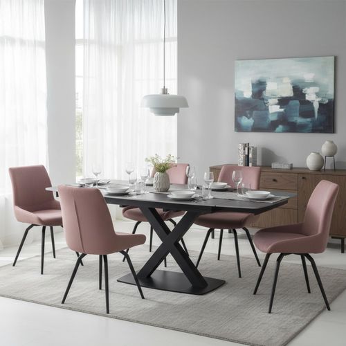 Vernal Extending Dining Set - 6-8 Seater - 160cm-240cm - Grey Sintered Stone - 6 Malcom Pink Fabric Swivel Chair