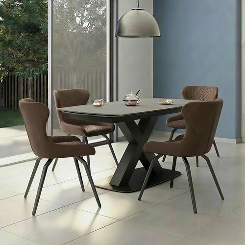 Vernal Extending Dining Set - 4-8 Seater - 140cm-200cm - Grey Sintered Stone - 4 Langley Brown Faux Leather Chair
