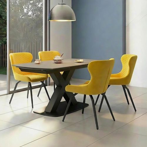Vernal Extending Dining Set - 4-8 Seater - 140cm-200cm - Grey Sintered Stone - 4 Langley Yellow Fabric Chair