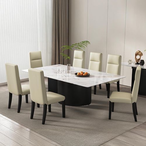 Lorea White Marble Dining Set - Venezia Cream Leather High Back Dining Chair