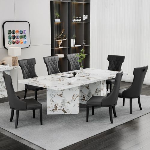 Viola White Marble Dining Set - Mimi Black Leather Large High Back Dining Chair