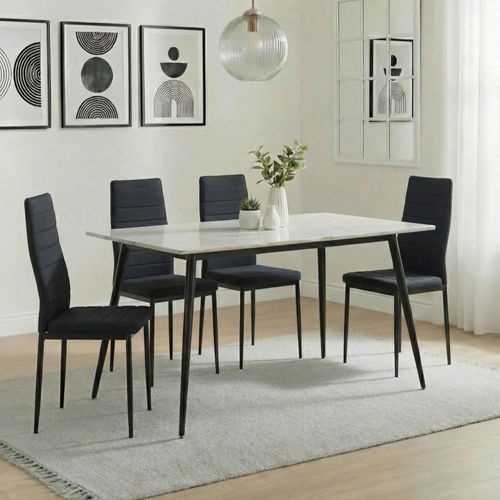 2 x Free Chairs - Breton Compact Dining Set - 4 Seater - 120cm - White Ceramic - 2x Lido Dining Chairs - Black Fabric - Black Legs