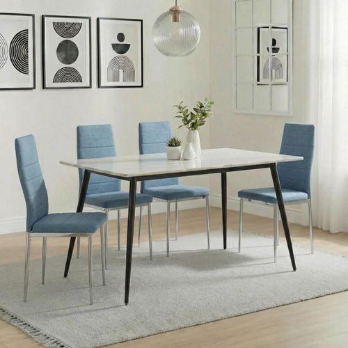 2 x Free Chairs - Breton Compact Dining Set - 4 Seater - 120cm - White Ceramic - 2x Lido Dining Chairs - Blue Fabric - Chrome Legs