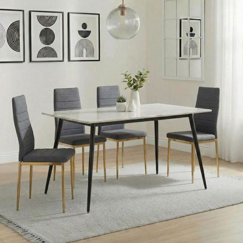 2 x Free Chairs - Breton Compact Dining Set - 4 Seater - 120cm - White Ceramic - 2x Lido Dining Chairs - Dark Grey Fabric - Gold Legs