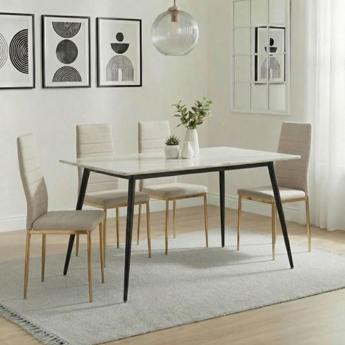 2 x Free Chairs - Breton Compact Dining Set - 4 Seater - 120cm - White Ceramic - 2x Lido Dining Chairs - Sand Fabric - Gold Legs