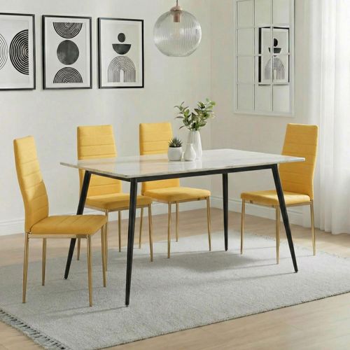 2 x Free Chairs - Breton Compact Dining Set - 4 Seater - 120cm - White Ceramic - 2x Lido Dining Chairs - Yellow Fabric - Gold Legs