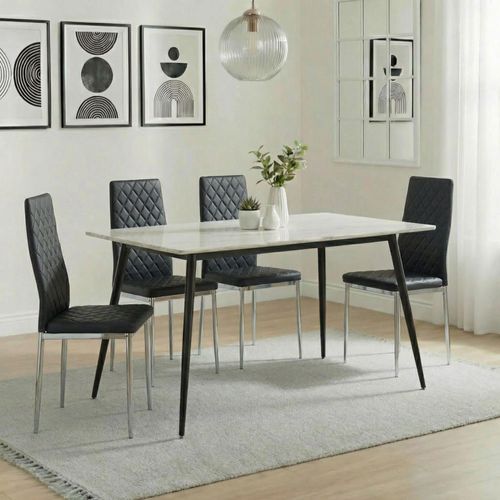 2 x Free Chairs - Breton Compact Dining Set - 4 Seater - 120cm - White Ceramic - 2x Metro Dining Chairs - Black Leather - Chrome Legs