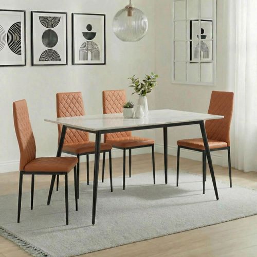 2 x Free Chairs - Breton Compact Dining Set - 4 Seater - 120cm - White Ceramic - 2x Metro Dining Chairs - Burnt Orange Leather - Black Legs