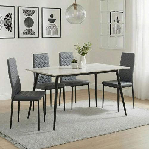 2 x Free Chairs - Breton Compact Dining Set - 4 Seater - 120cm - White Ceramic - 2x Metro Dining Chairs - Grey Leather - Black Legs