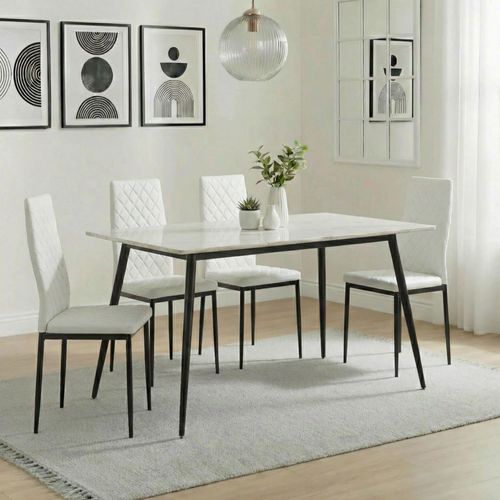 2 x Free Chairs - Breton Compact Dining Set - 4 Seater - 120cm - White Ceramic - 2x Metro Dining Chairs - White Leather - Black Legs