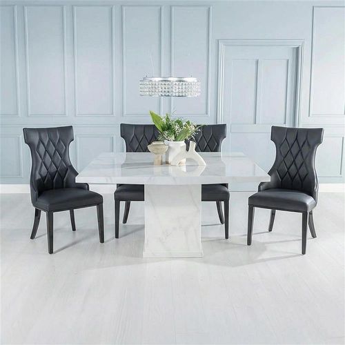 2 x Free Chairs - Turin Dining Set - 8 Seater - 140cm - Square - White Marble - Mimi Chairs - Black Faux Leather