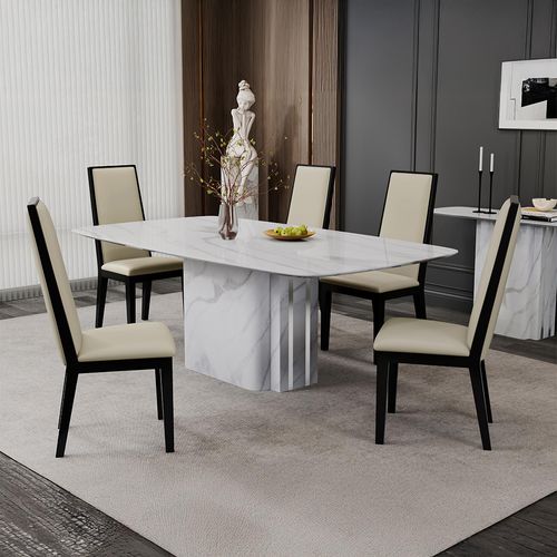 Antonio Dining Table - 8 Seater - 180cm - White Marble - Elite Dining Chair - Cream Leather