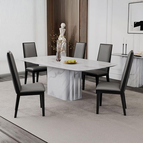 Antonio Dining Table - 8 Seater - 180cm - White Marble - Elite Dining Chair - Grey Leather
