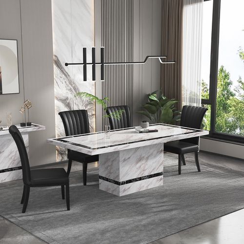 Rome Dining Set - 6 Seater - 160cm - Beige Marble - Cadiz Dining Chairs - Black Leather