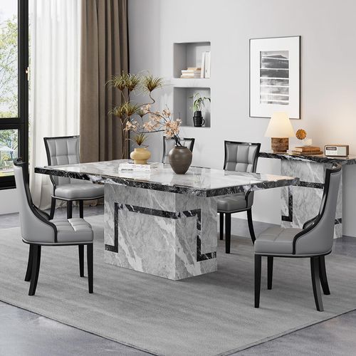 Venice Dining Set - 6 Seater - 160cm - Grey Marble - Paris Dining Chairs - Grey Leather