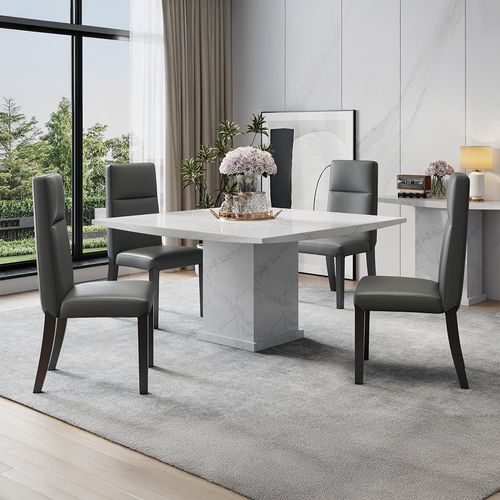 Turin Dining Set - 8 Seater - 140cm - Square - White Marble - Venezia Dining Chairs - Grey Leather