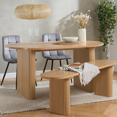 Axel Oval Dining Set - 6 Seater - 160cm - with 2 Grey Chairs and 1 Bench - Oak Fluted