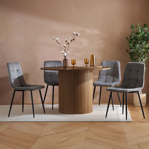 Axel Round Dining Set - 4 Seater - 120cm - with 4 Grey Chairs - Walnut Fluted