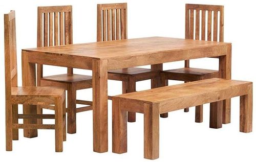 Ajmer Light Mango Wood 6 Seater Dining Set with 4 Chairs and 1 Bench