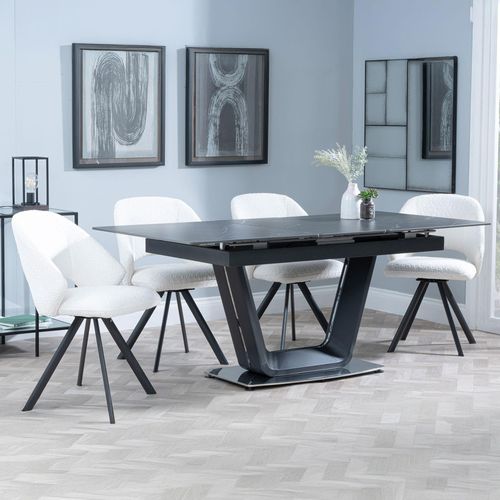 Alpha Black Ceramic Extending Dining Set - Ion Cream Boucle Teddy Fabric Swivel Dining Chair