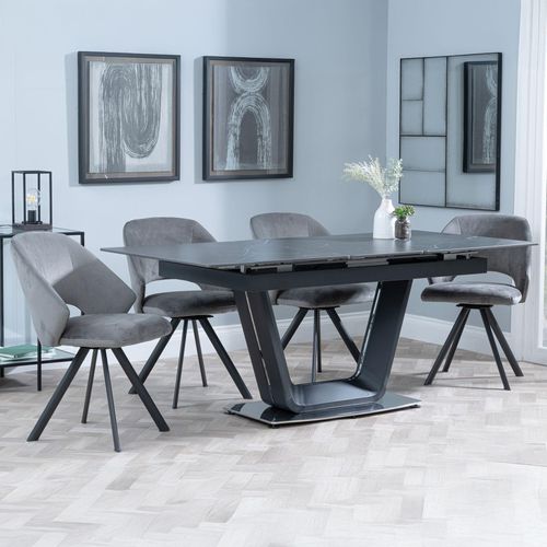 Alpha Black Ceramic Extending Dining Set - Ion Dark Grey Velvet Fabric Swivel Dining Chair
