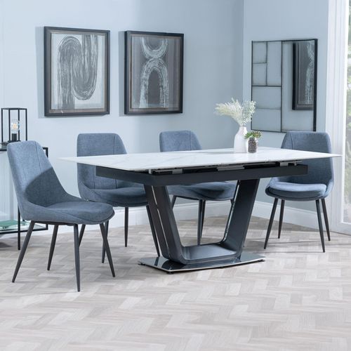 Alpha Extending Dining Set - 4-6 Seater - 140cm-180cm - White Ceramic - Darwin Dining Chair - Dark Grey Fabric
