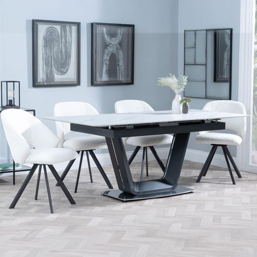 Alpha Extending Dining Set - 4-6 Seater - 140cm-180cm - White Ceramic - Ion Swivel Dining Chair - Cream Boucle Fabric