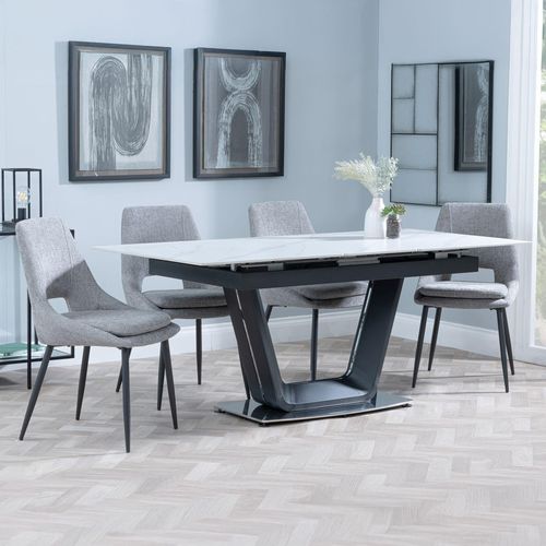 Alpha Extending Dining Set - 4-6 Seater - 140cm-180cm - White Ceramic - Peyton Dining Chair - Grey Fabric