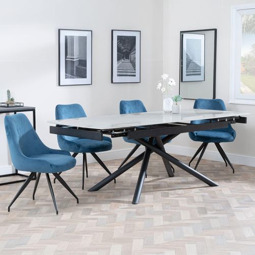 Apollo Grey Ceramic Extending Dining Set - Arctic Blue Velvet Fabric Swivel Dining Chair