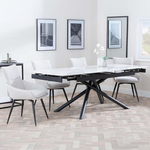 Apollo White Ceramic Extending Dining Set - Ace Beige Fabric Swivel Dining Chair