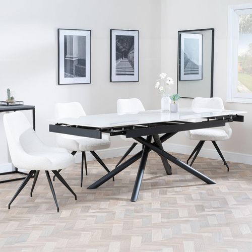 Apollo White Ceramic Extending Dining Set - Arctic Cream Velvet Fabric Swivel Dining Chair