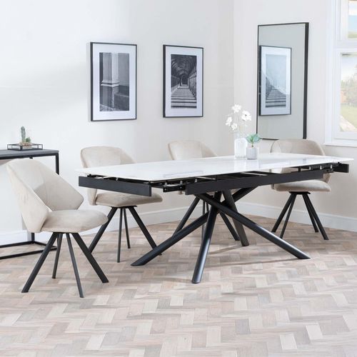 Apollo Extending Dining Set - 6-10 Seater - 160cm-220cm - White Ceramic - Ion Swivel Dining Chair - Beige Velvet Fabric