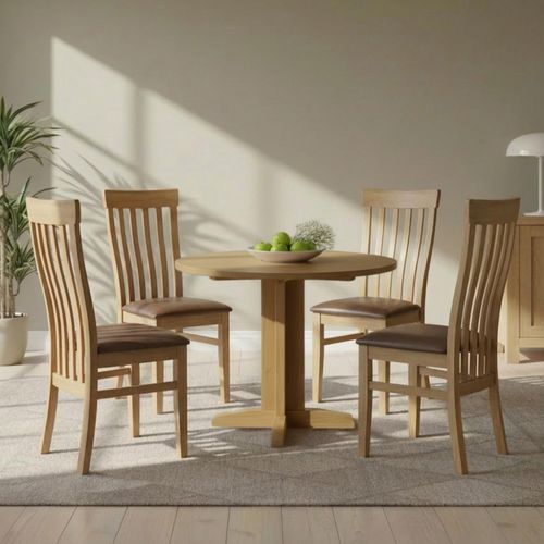 Appleby Round Drop Leaf Dining Set - 4 Seater - 30cm-90cm - Oak - with 4 Toulouse Chairs - Black Faux Leather Seat Pad