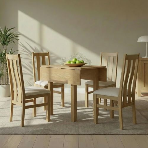 Appleby Square Drop Leaf Dining Set - 4 Seater - 90cm - Oak - with 4 Arizona Slatted Chairs - Beige Fabric Seat Pad