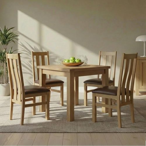 Appleby Flip Top Extending Dining Set - 2-6 Seater - 91cm-183cm - Oak - with 4 Arizona Slatted Chairs - Black Faux Leather Seat Pad