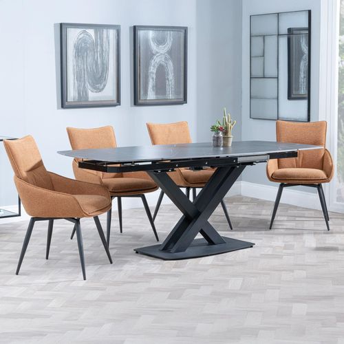 Arctic Black Ceramic Swivel Top Extending Dining Set - Ace Orange Fabric Swivel Dining Chair