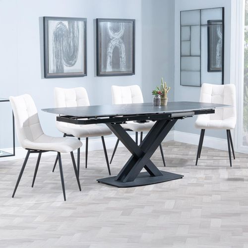 Arctic Black Ceramic Swivel Top Extending Dining Set - Corona Beige Fabric Dining Chair